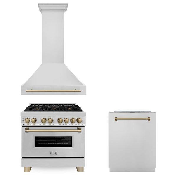 ZLINE KITCHEN AND BATH 3AKPRARHDWM36CB ZLINE 36" Autograph Edition Kitchen Package with Stainless Steel Dual Fuel Range, Range Hood and Dishwasher with Champagne Bronze Accents