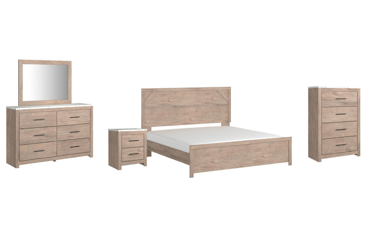 ASHLEY FURNITURE PKG009392 King Panel Bed With Mirrored Dresser, Chest and Nightstand