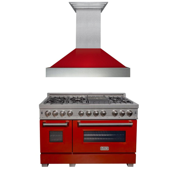 ZLINE KITCHEN AND BATH 2KPRASRGRH48 ZLINE 48" Kitchen Package with DuraSnow R Stainless Steel Dual Fuel Range with Red Gloss Door and Convertible Vent Range Hood