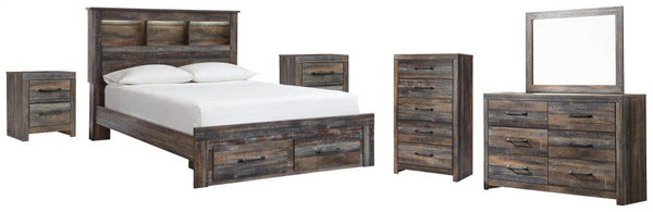 ASHLEY FURNITURE PKG003245 Queen Bookcase Bed With 2 Storage Drawers With Mirrored Dresser, Chest and 2 Nightstands