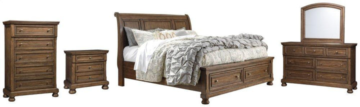 ASHLEY FURNITURE PKG006448 King Sleigh Bed With 2 Storage Drawers With Mirrored Dresser, Chest and Nightstand