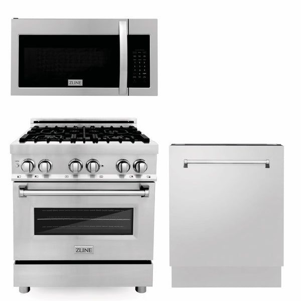 ZLINE KITCHEN AND BATH 3KPRAOTR30DW ZLINE 30" Kitchen Package with Stainless Steel Dual Fuel Range with a 30" Over the Range Microwave, and Stainless Steel Dishwasher