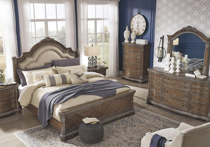 ASHLEY FURNITURE PKG007102 Queen Upholstered Sleigh Bed With Mirrored Dresser and Chest