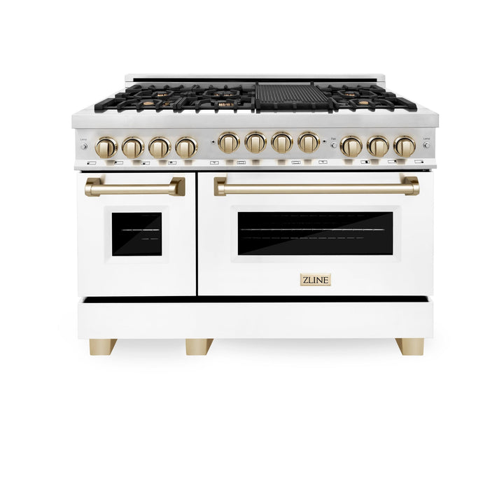 ZLINE KITCHEN AND BATH RGZWM48G ZLINE Autograph Edition 48" 6.0 cu. ft. Range with Gas Stove and Gas Oven in Stainless Steel with White Matte Door with Accents Color: Gold