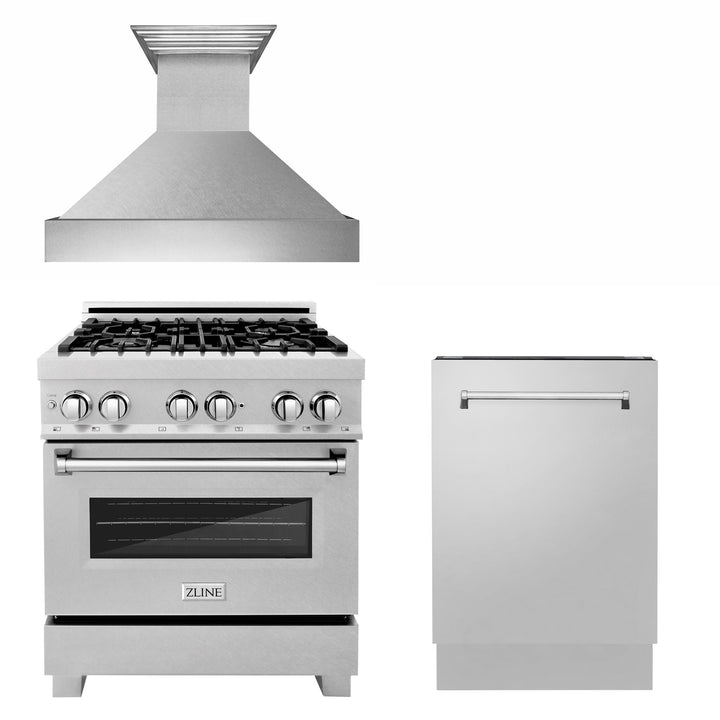 ZLINE KITCHEN AND BATH 3KPRASRH30DWV ZLINE 30" Kitchen Package with DuraSnow R Stainless Dual Fuel Range, Ducted Vent Range Hood and Tall Tub Dishwasher