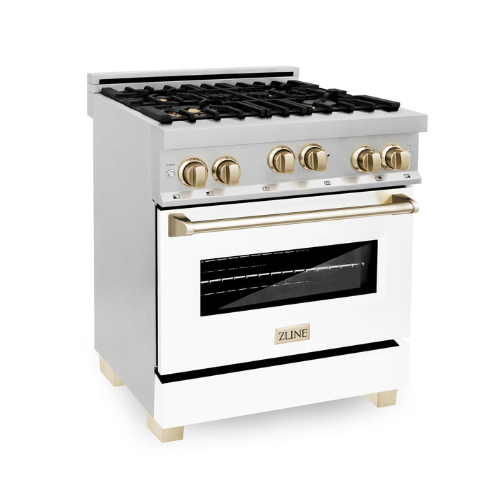 ZLINE KITCHEN AND BATH RGZWM30CB ZLINE Autograph Edition 30" 4.0 cu. ft. Range with Gas Stove and Gas Oven in Stainless Steel with White Matte Door and Accents Color: Champagne Bronze