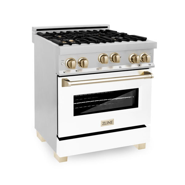 ZLINE KITCHEN AND BATH RGZWM30G ZLINE Autograph Edition 30" 4.0 cu. ft. Range with Gas Stove and Gas Oven in Stainless Steel with White Matte Door and Accents Color: Gold