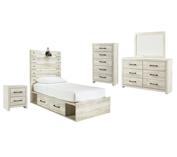 ASHLEY FURNITURE PKG002982 Twin Panel Bed With 2 Storage Drawers With Mirrored Dresser, Chest and Nightstand