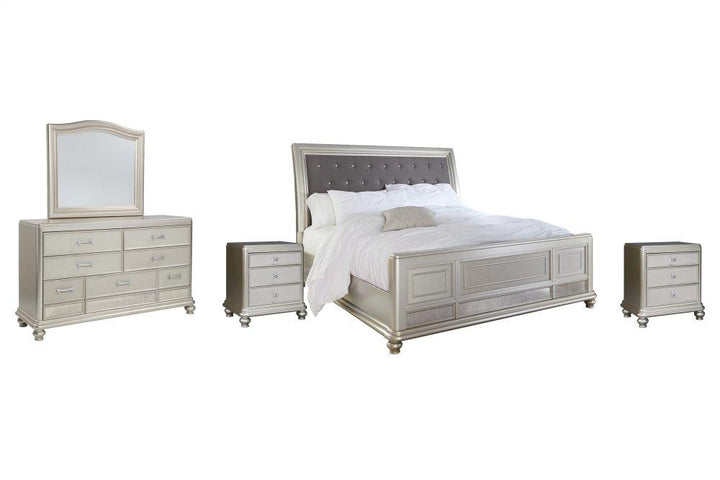 ASHLEY FURNITURE PKG007849 King Upholstered Sleigh Bed With Mirrored Dresser and 2 Nightstands