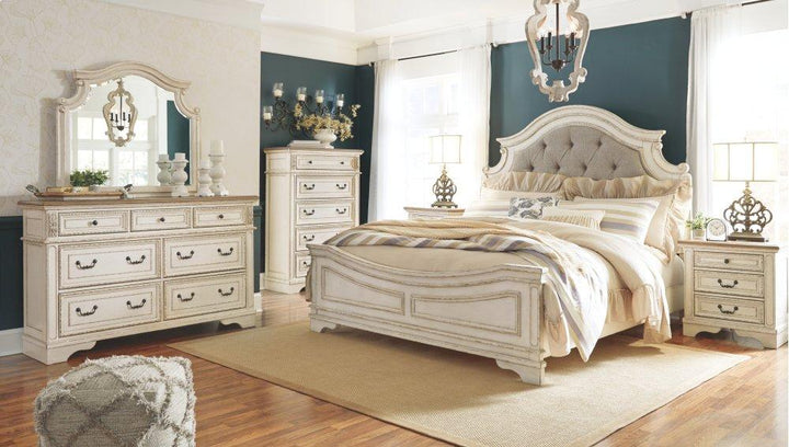 ASHLEY FURNITURE PKG006681 King Upholstered Panel Bed With Mirrored Dresser, Chest and Nightstand