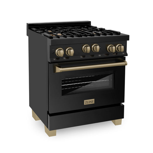 ZLINE KITCHEN AND BATH RGBZ30CB ZLINE Autograph Edition 30" 4.0 cu. ft. Range with Gas Stove and Gas Oven in Black Stainless steel with Accents Color: Champagne Bronze