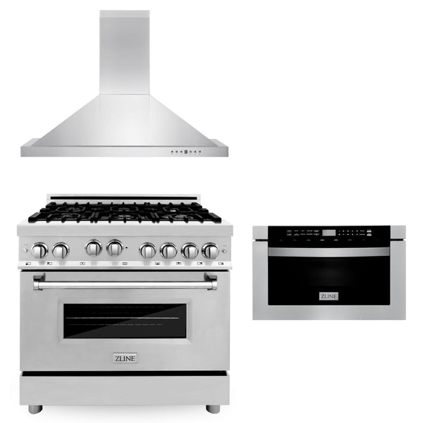 ZLINE KITCHEN AND BATH 3KPRGRH36MW ZLINE 36" Kitchen Package with Stainless Steel Gas Range, Convertible Vent Range Hood and Microwave Drawer