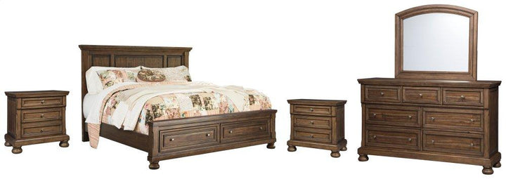 ASHLEY FURNITURE PKG006410 King Panel Bed With 2 Storage Drawers With Mirrored Dresser and 2 Nightstands