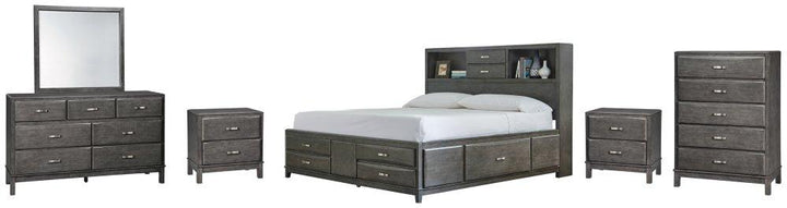 ASHLEY FURNITURE PKG005266 Queen Storage Bed With 8 Storage Drawers With Mirrored Dresser, Chest and 2 Nightstands