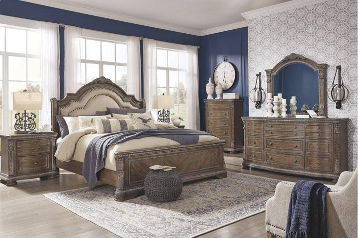 ASHLEY FURNITURE PKG007107 King Upholstered Sleigh Bed With Mirrored Dresser and 2 Nightstands