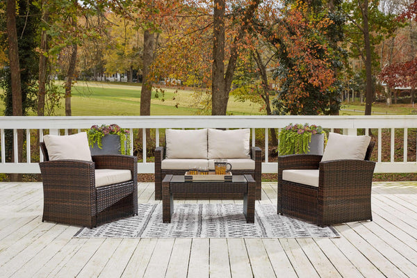 ASHLEY FURNITURE PKG014428 Outdoor Loveseat and 2 Lounge Chairs With Coffee Table