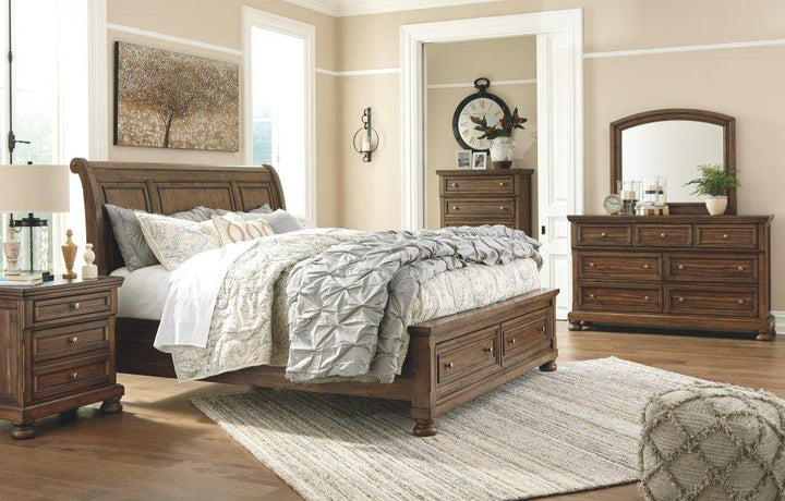 ASHLEY FURNITURE PKG006448 King Sleigh Bed With 2 Storage Drawers With Mirrored Dresser, Chest and Nightstand