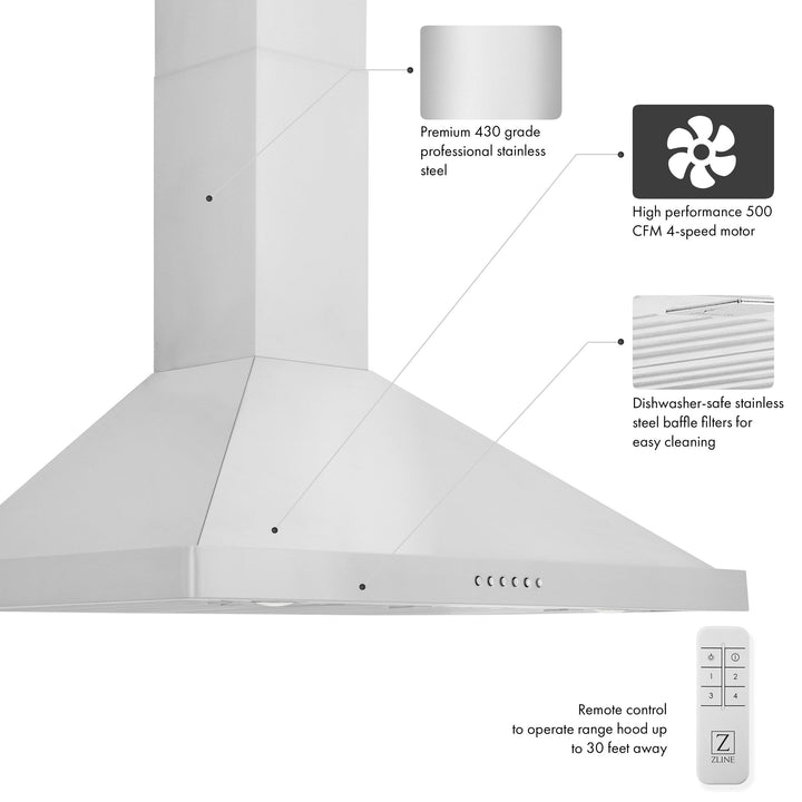 ZLINE KITCHEN AND BATH ALP10WL36 ZLINE Alpine Series Convertible Wall Mount Range Hood in Stainless Steel with Remote Control, LED lighting, Baffle Filters Size: 36 Inch