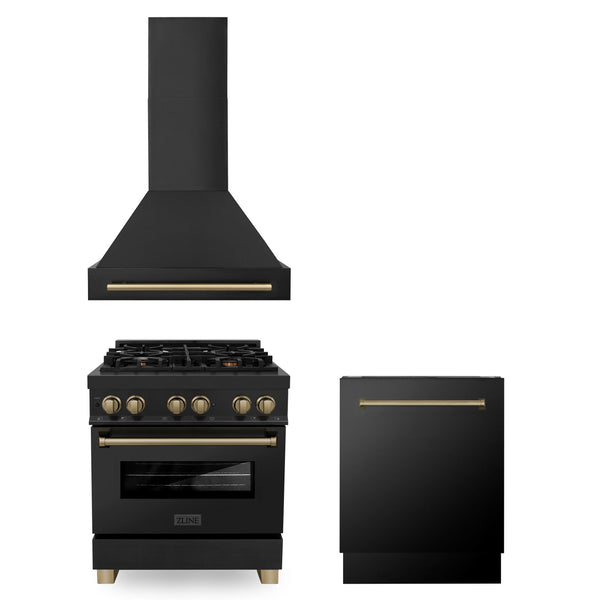 ZLINE KITCHEN AND BATH 3AKPRABRHDWV30CB ZLINE 30" Autograph Edition Kitchen Package with Black Stainless Steel Dual Fuel Range, Range Hood and Dishwasher with Champagne Bronze Accents