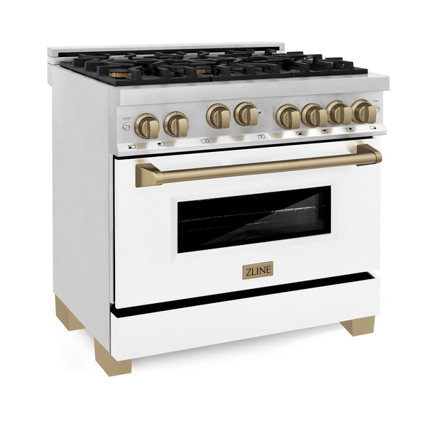 ZLINE KITCHEN AND BATH RGZWM36CB ZLINE Autograph Edition 36" 4.6 cu. ft. Range with Gas Stove and Gas Oven in Stainless Steel with White Matte Door and Accents Color: Champagne Bronze