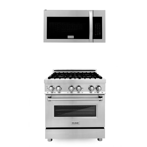 ZLINE KITCHEN AND BATH 2KPRAOTR30 ZLINE 30" Kitchen Package with Stainless Steel Dual Fuel Range and Over The Range Microwave with Modern Handle