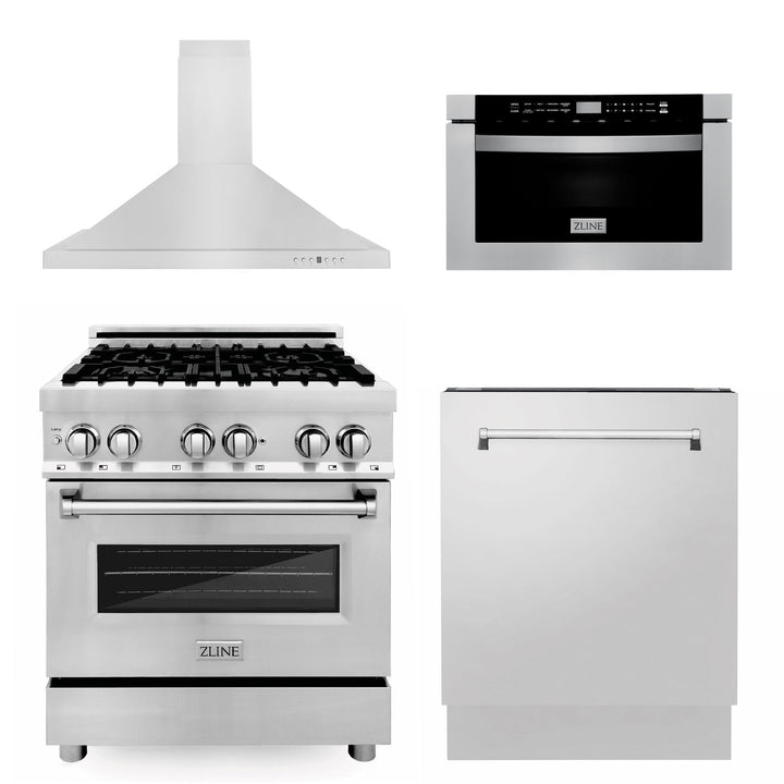 ZLINE KITCHEN AND BATH 4KPRARH30MWDWV ZLINE 30" Kitchen Package with Stainless Steel Dual Fuel Range, Range Hood, Microwave Drawer and Tall Tub Dishwasher