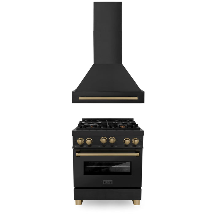 ZLINE KITCHEN AND BATH 2AKPRGBRH30CB ZLINE 30" Autograph Edition Kitchen Package with Black Stainless Steel Gas Range and Range Hood with Champagne Bronze Accents