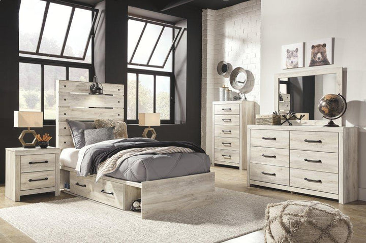 ASHLEY FURNITURE PKG003017 Twin Panel Bed With 4 Storage Drawers With Mirrored Dresser, Chest and 2 Nightstands