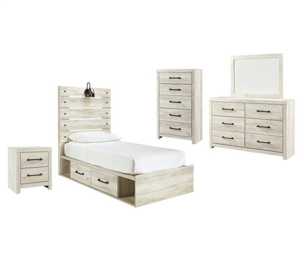 ASHLEY FURNITURE PKG003016 Twin Panel Bed With 4 Storage Drawers With Mirrored Dresser, Chest and Nightstand