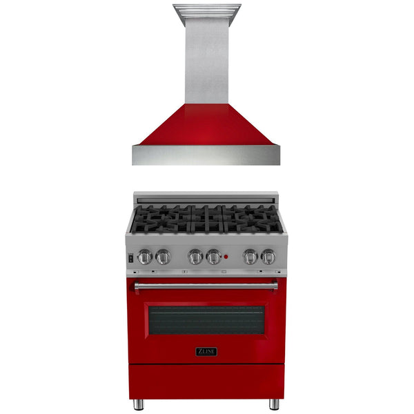 ZLINE KITCHEN AND BATH 2KPRASRGRH30 ZLINE 30" Kitchen Package with DuraSnow R Stainless Steel Dual Fuel Range with Red Gloss Door and Convertible Vent Range Hood