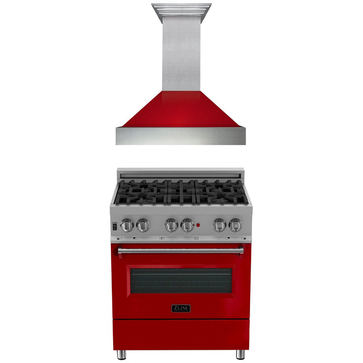 ZLINE KITCHEN AND BATH 2KPRASRGRH30 ZLINE 30" Kitchen Package with DuraSnow R Stainless Steel Dual Fuel Range with Red Gloss Door and Convertible Vent Range Hood