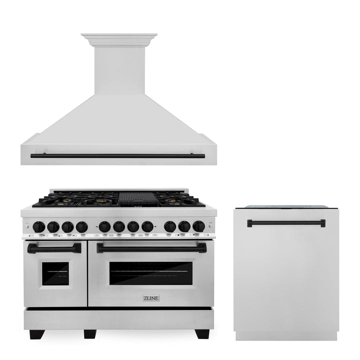 ZLINE KITCHEN AND BATH 3AKPRARHDWM48MB ZLINE 48" Autograph Edition Kitchen Package with Stainless Steel Dual Fuel Range, Range Hood and Dishwasher with Matte Black Accents