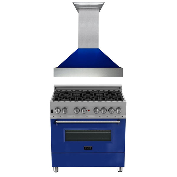 ZLINE KITCHEN AND BATH 2KPRASBGRH36 ZLINE 36" Kitchen Package with DuraSnow R Stainless Steel Dual Fuel Range with Blue Gloss Door and Convertible Vent Range Hood