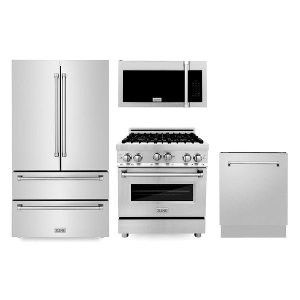 ZLINE KITCHEN AND BATH 4KPRRGOTRH30DWV ZLINE Kitchen Package with Refrigeration, 30" Stainless Steel Gas Range, 30" Traditional Over The Range Microwave and 24" Tall Tub Dishwasher