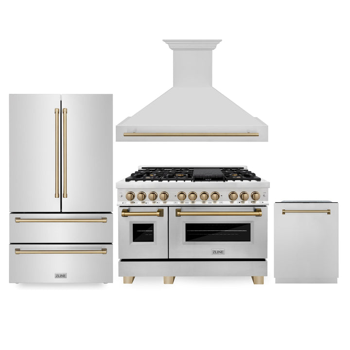 ZLINE KITCHEN AND BATH 4KAPRRARHDWM48CB ZLINE 48" Autograph Edition Kitchen Package with Stainless Steel Dual Fuel Range, Range Hood, Dishwasher and Refrigeration with Champagne Bronze Accents