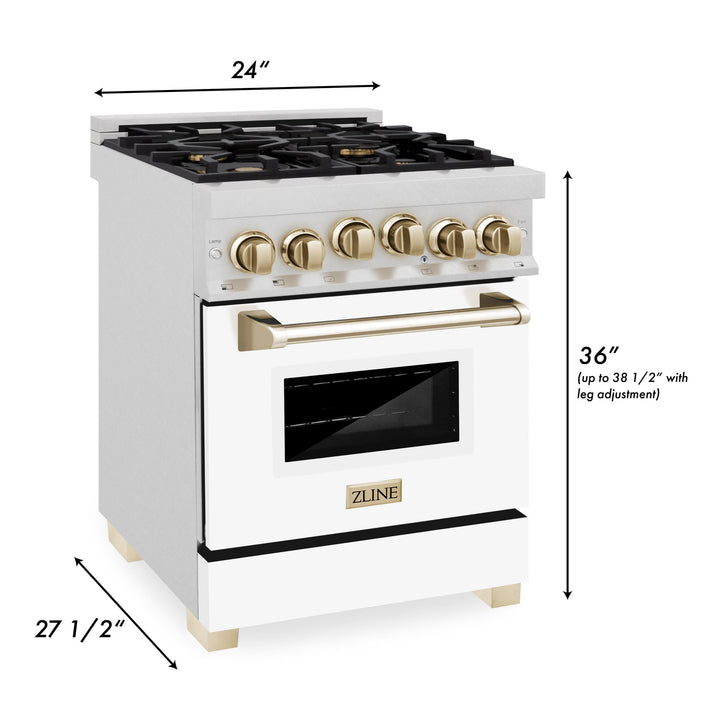 ZLINE KITCHEN AND BATH RGSZWM24CB ZLINE Autograph Edition 24" 2.8 cu. ft. Range with Gas Stove and Gas Oven in DuraSnow R Stainless Steel with White Matte Door and Accents Color: Champagne Bronze