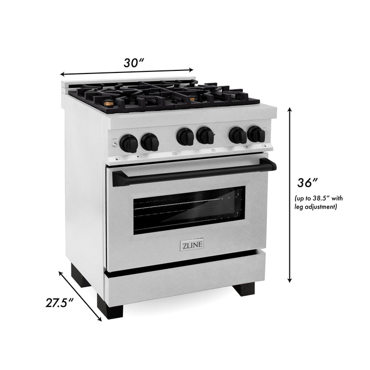 ZLINE KITCHEN AND BATH RGSZSN30MB ZLINE 30" 4.0 cu. ft. Range with Gas Stove and Gas Oven in DuraSnow R Stainless Steel with Accents Accent: Matte Black