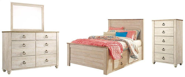 ASHLEY FURNITURE PKG004395 Full Panel Bed With 2 Storage Drawers With Mirrored Dresser and Chest