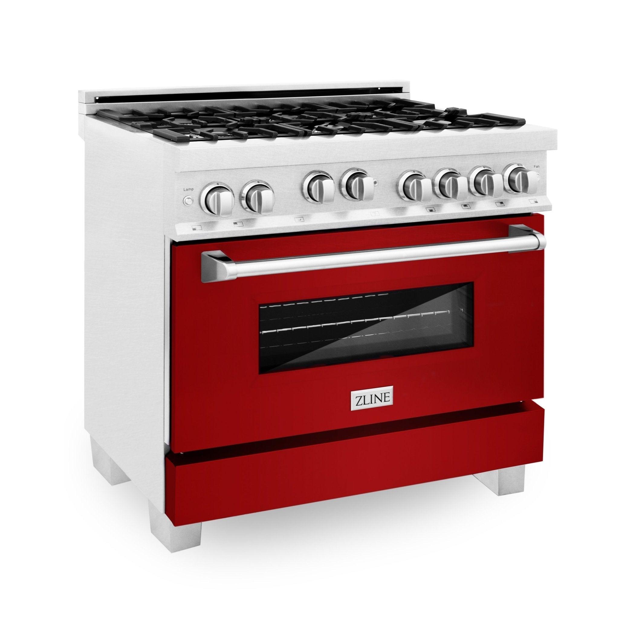 ZLINE KITCHEN AND BATH RGSRG36 ZLINE 36" Professional 4.6 cu. ft. Gas on Gas Range in ZLINE DuraSnow R Stainless Steel with Color Door Options Color: Red Gloss