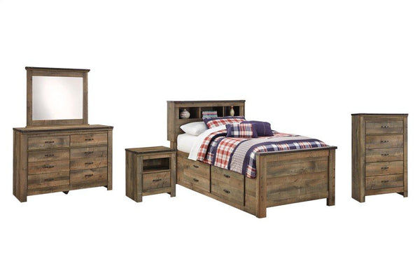 ASHLEY FURNITURE PKG005174 Twin Bookcase Bed With 2 Storage Drawers With Mirrored Dresser, Chest and Nightstand