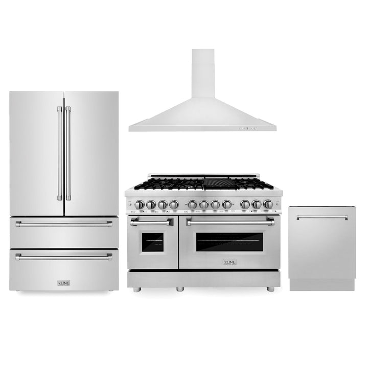 ZLINE KITCHEN AND BATH 4KPRRARH48DWV ZLINE Kitchen Package with Refrigeration, 48" Stainless Steel Dual Fuel Range, 48" Convertible Vent Range Hood and 24" Tall Tub Dishwasher