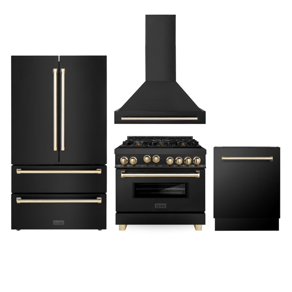 ZLINE KITCHEN AND BATH 4AKPRRGBRHDWV36G ZLINE 36" Autograph Edition Kitchen Package with Black Stainless Steel Gas Range, Range Hood, Dishwasher and Refrigeration with Gold Accents
