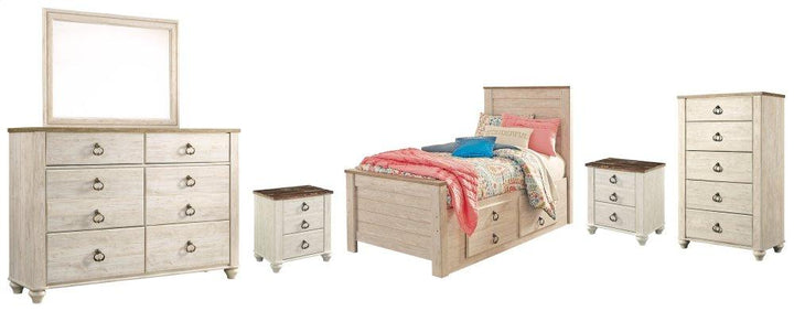 ASHLEY FURNITURE PKG004480 Twin Panel Bed With 2 Storage Drawers With Mirrored Dresser, Chest and 2 Nightstands