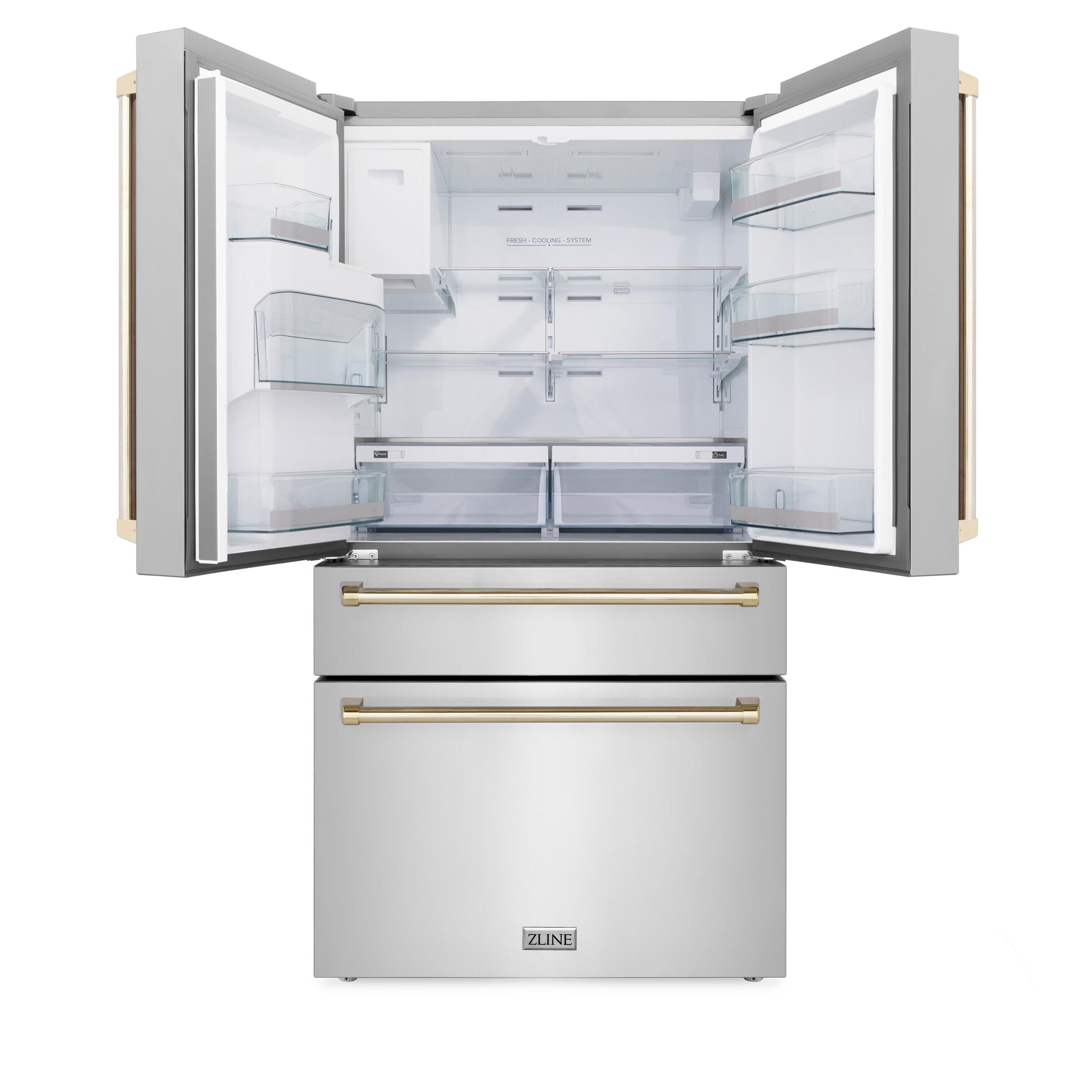 ZLINE KITCHEN AND BATH RFMZW36G ZLINE 36" Autograph Edition 21.6 cu. ft Freestanding French Door Refrigerator with Water and Ice Dispenser in Fingerprint Resistant Stainless Steel with Accents Color: Gold