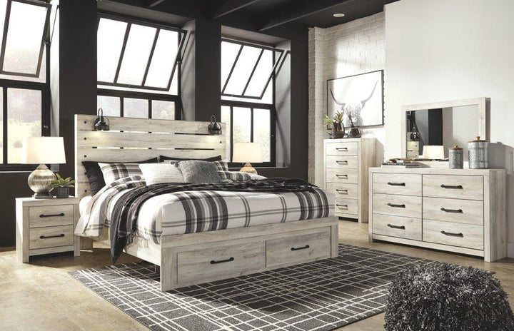 ASHLEY FURNITURE PKG003047 King Panel Bed With 2 Storage Drawers With Mirrored Dresser, Chest and Nightstand