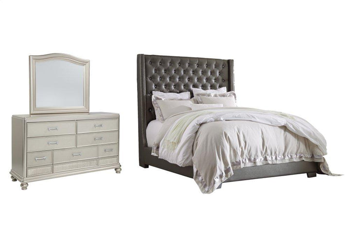 ASHLEY FURNITURE PKG007827 California King Upholstered Bed With Mirrored Dresser