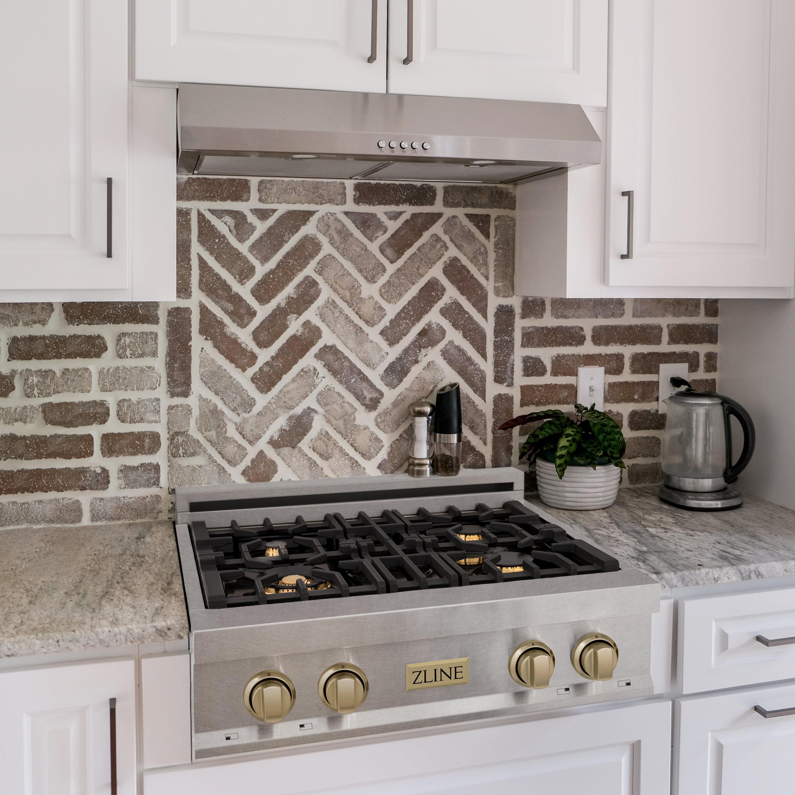 ZLINE KITCHEN AND BATH RTSZ30CB ZLINE Autograph Edition 30" Porcelain Rangetop with 4 Gas Burners in DuraSnow R Stainless Steel and Accents Color: Champagne Bronze