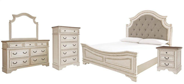 ASHLEY FURNITURE PKG006681 King Upholstered Panel Bed With Mirrored Dresser, Chest and Nightstand