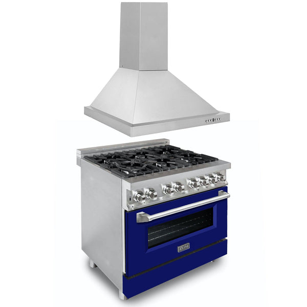 ZLINE KITCHEN AND BATH 2KPRABMRH36 ZLINE 36" Kitchen Package with Stainless Steel Dual Fuel Range with Blue Matte Door and Convertible Vent Range Hood