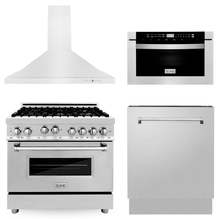 ZLINE KITCHEN AND BATH 4KPRGRH36MWDWV ZLINE 36" Kitchen Package with Stainless Steel Gas Range, Range Hood, Microwave Drawer and Tall Tub Dishwasher